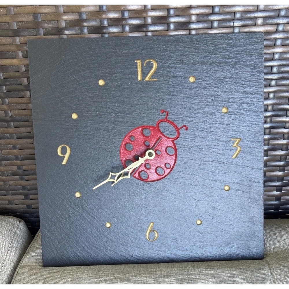 Ladybug Wall Clock Painted Slate Tile Plaque Gold Numbers Quartz Decor Handmade
